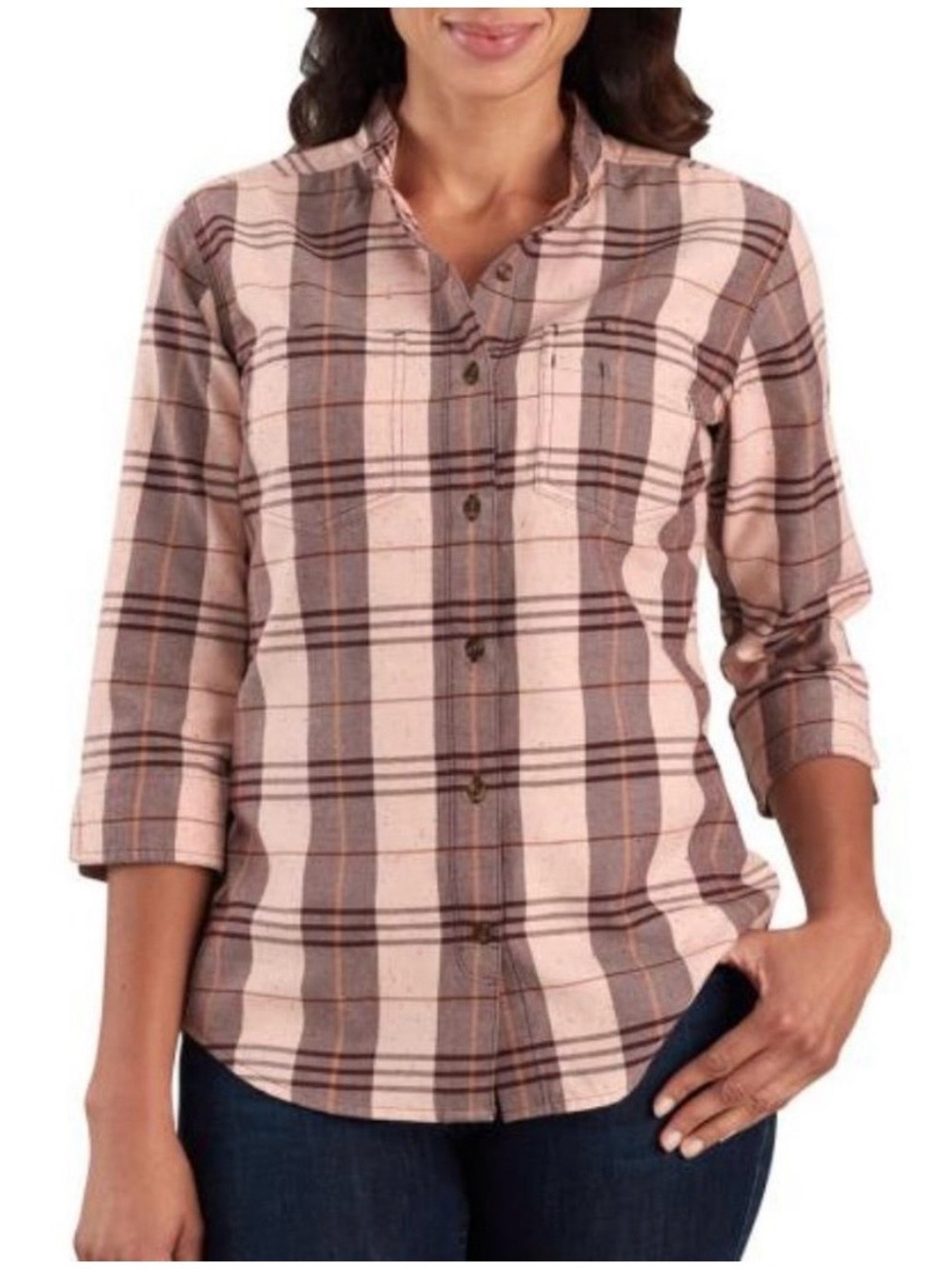 Carhartt Pink and Brown Plaid Button-Down Lightweight Flannel Shirt size S